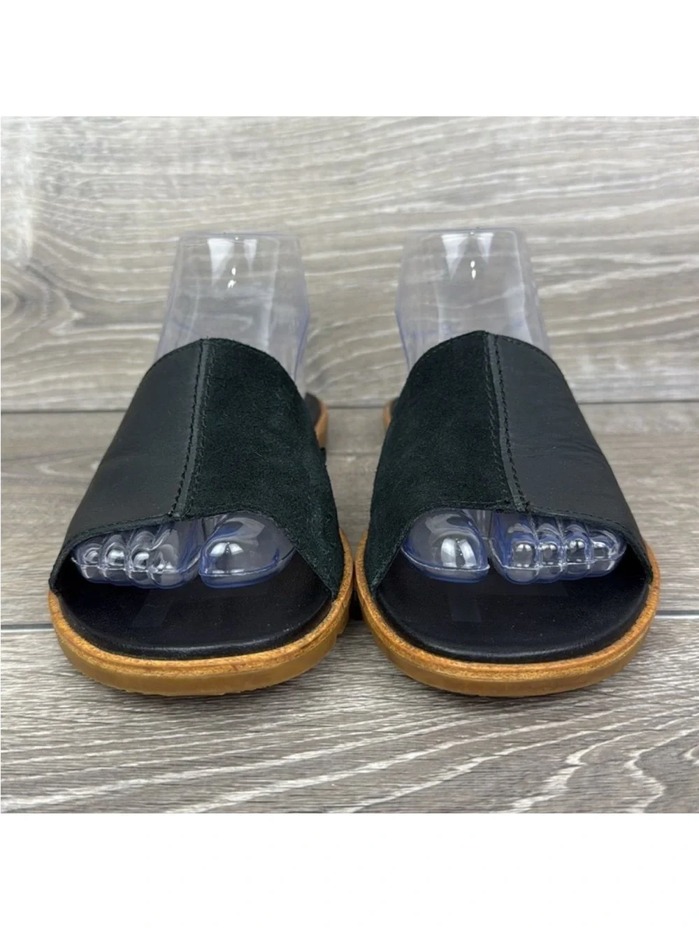 Sorel Black Slide Leather Sandals with Tan Sole